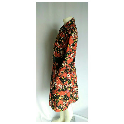 Vintage 1960s Red Floral Patchwork Chevron Belted Swing Coat