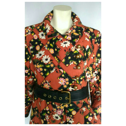 Vintage 1960s Red Floral Patchwork Chevron Belted Swing Coat