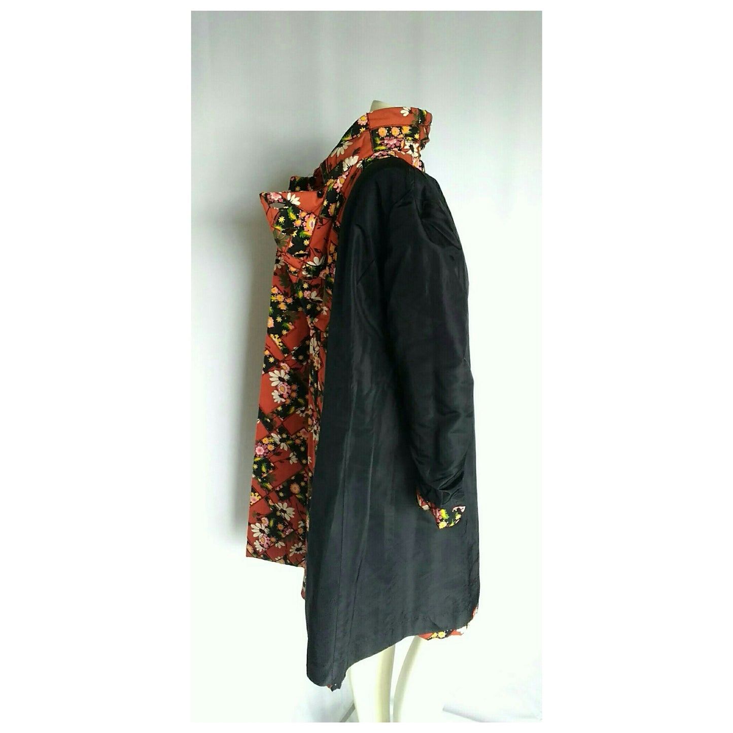 Vintage 1960s Red Floral Patchwork Chevron Belted Swing Coat