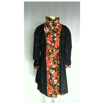 Vintage 1960s Red Floral Patchwork Chevron Belted Swing Coat