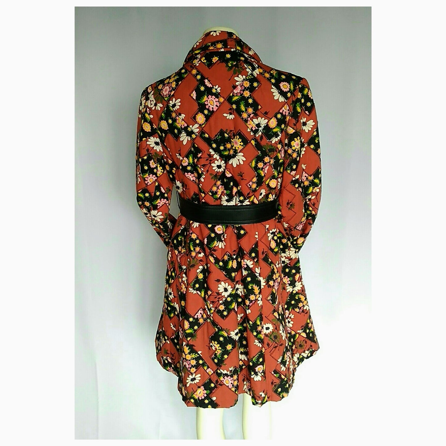 Vintage 1960s Red Floral Patchwork Chevron Belted Swing Coat