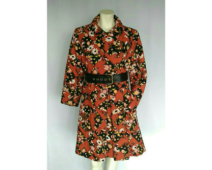Vintage 1960s Red Floral Patchwork Chevron Belted Swing Coat