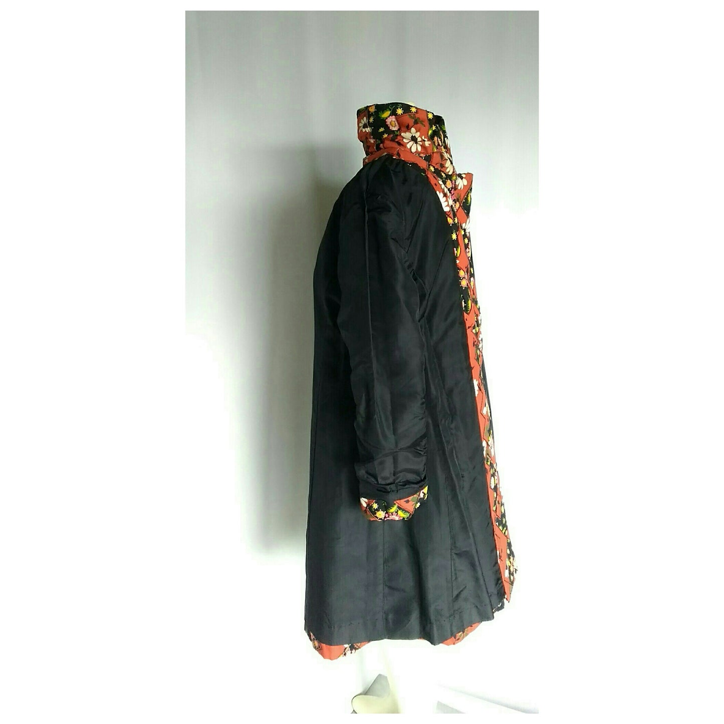 Vintage 1960s Red Floral Patchwork Chevron Belted Swing Coat