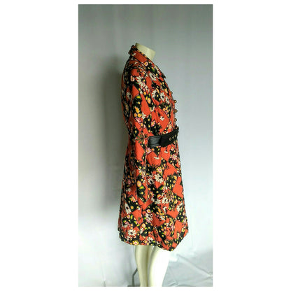 Vintage 1960s Red Floral Patchwork Chevron Belted Swing Coat