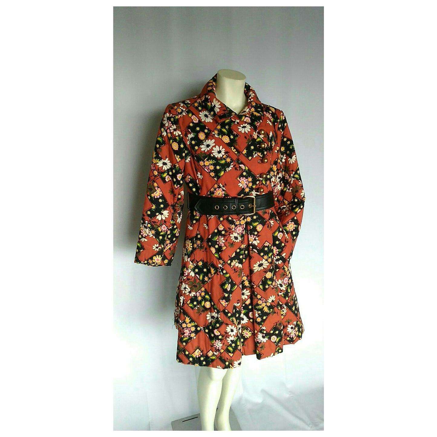 Vintage 1960s Red Floral Patchwork Chevron Belted Swing Coat