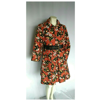 Vintage 1960s Red Floral Patchwork Chevron Belted Swing Coat
