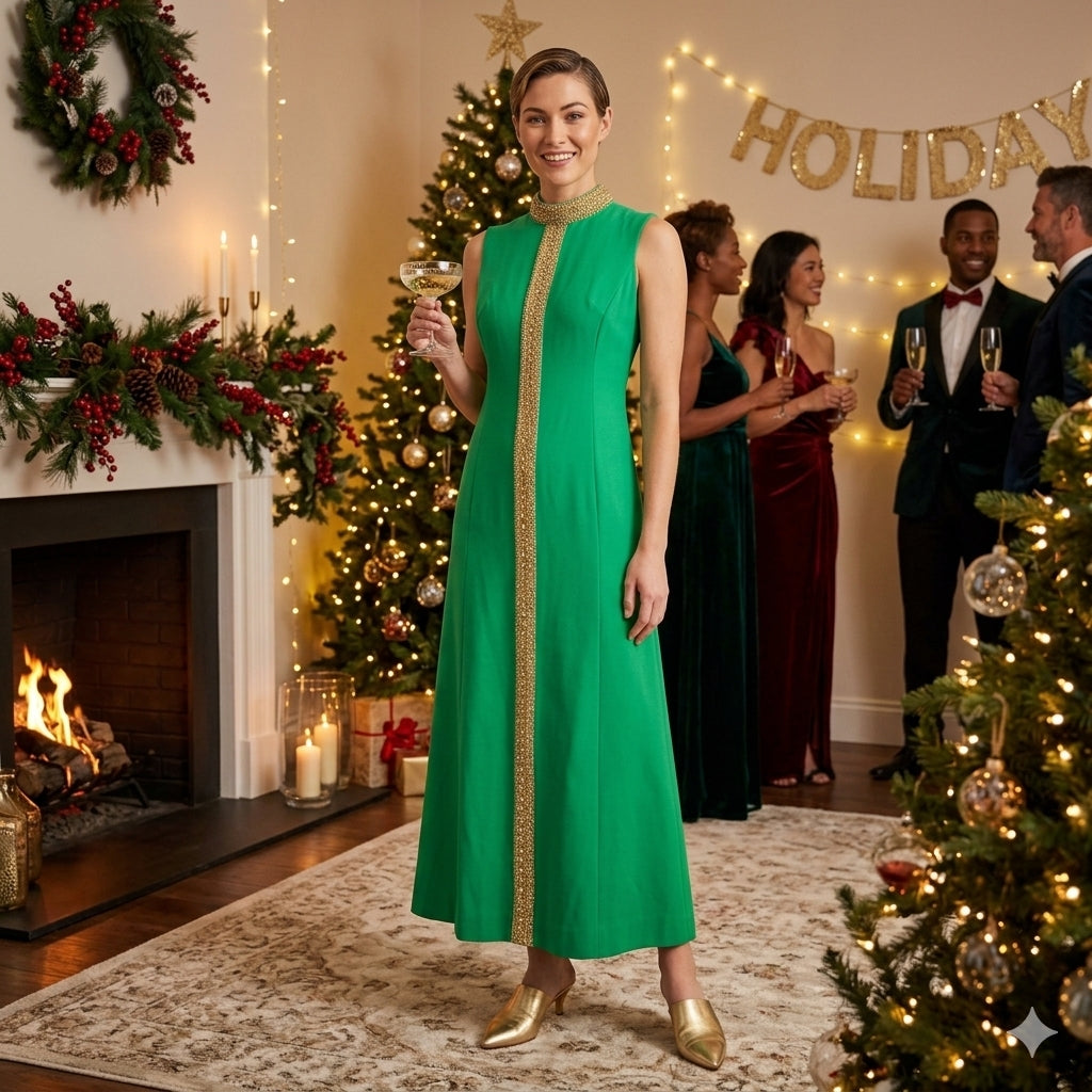 A woman stands in a festive holiday living room wearing a sleeveless Grass green midi dress with pearls, rhinestones and gold embroidered vertical panel down the front. She is holding a glass and wearing gold shoes, with other guests, a decorated Christmas tree, a fireplace, and a 'HOLIDAY' banner in the background.