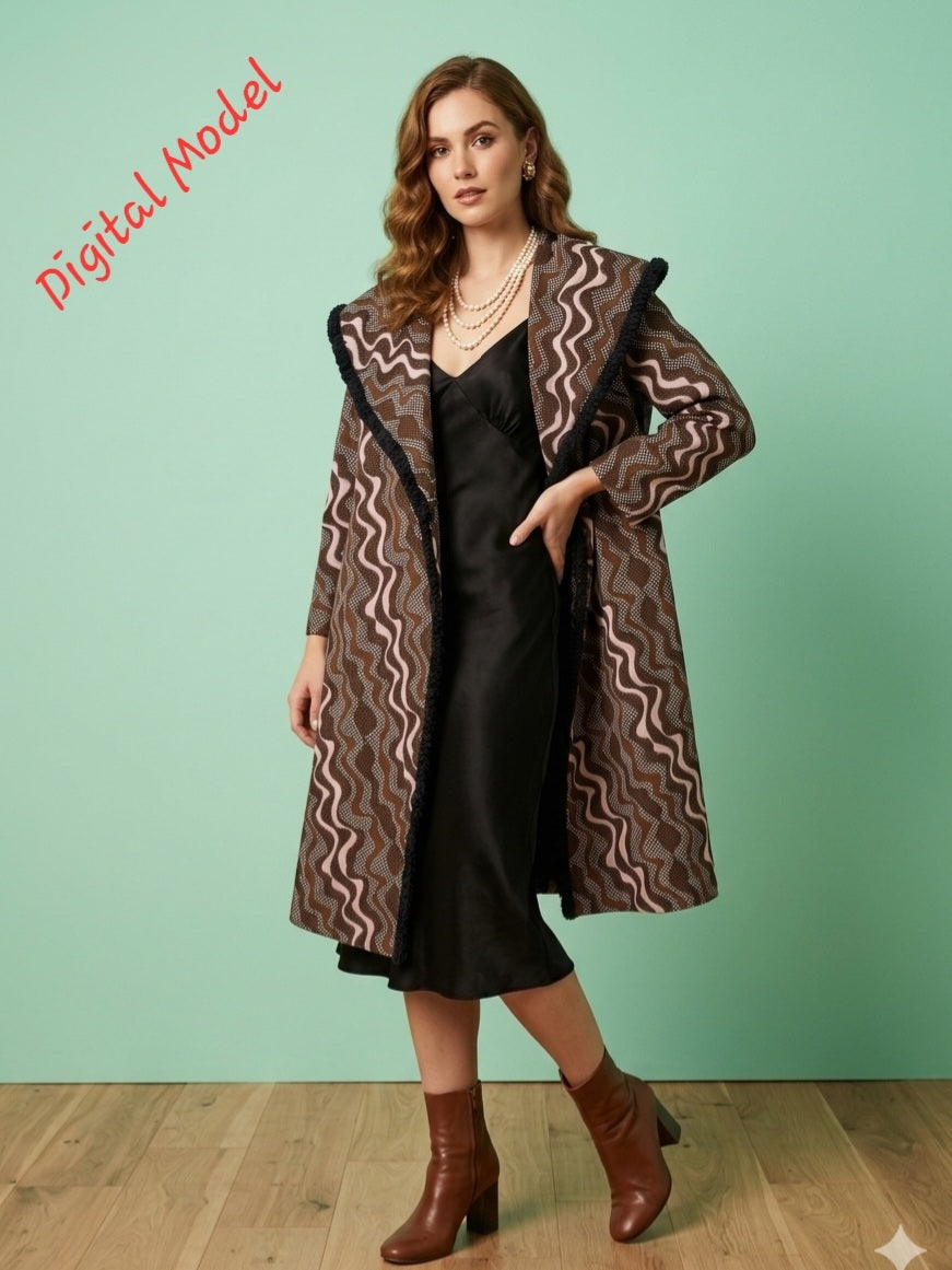 Digital Model wearing long-sleeve patterned coat displayed on digital model against a mint green wall. The coat features a brown, beige, and black wavy zigzag pattern with a dark fringed collar and front trim.