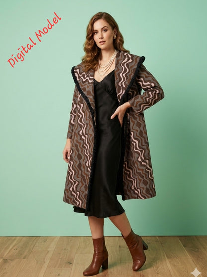 Digital Model wearing long-sleeve patterned coat displayed on digital model against a mint green wall. The coat features a brown, beige, and black wavy zigzag pattern with a dark fringed collar and front trim.