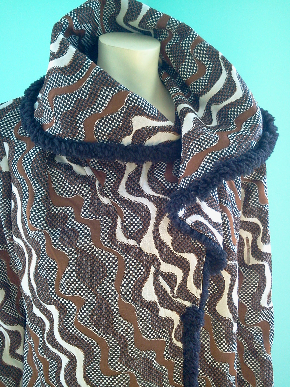 Vintage 1960s Alfred Werber Geometric Print Pattern Wrap Coat with Cape Collar
