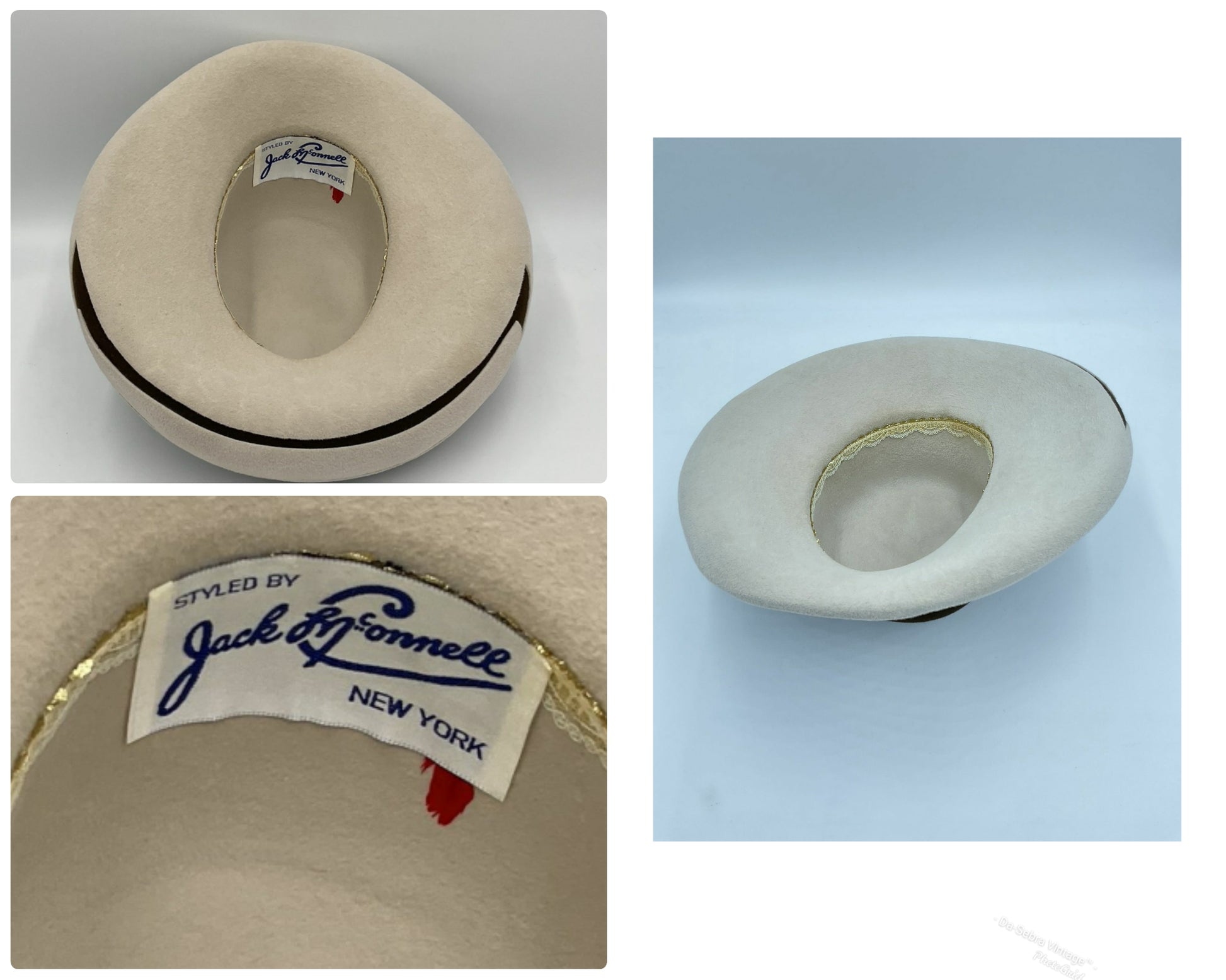 Collage of the  inside of hat with 'Stylist by Jack McConnell New York' label on a white background with red feather  showing under label.