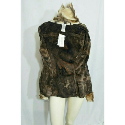 A brown and black mottled faux fur jacket with a matching faux fur hood and cuffs, displayed on a cream-colored mannequin against a white background.