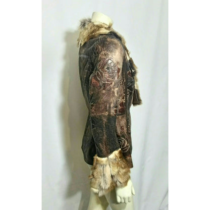 A dark brown distressed looking  jacket with faux fur trim on a mannequin, photographed against a white fabric backdrop.
