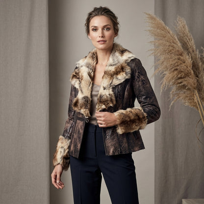 Model wearing Brown Faux Suede Fur Jacket with faux fur trim 