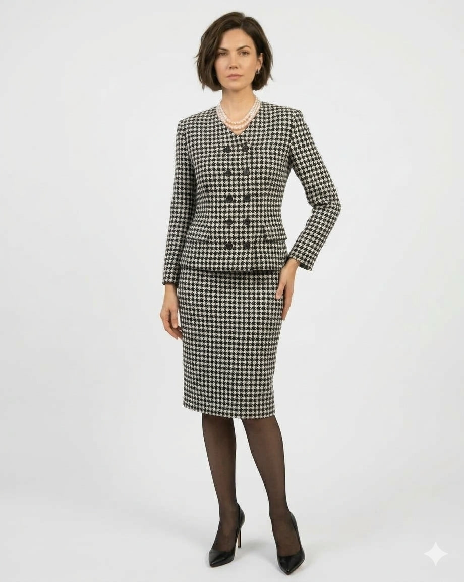 A woman modeling a black and white houndstooth suit set consisting of a double-breasted blazer with a pearl collar and matching pencil skirt, styled with sheer black tights and black heels against a light gray studio background.