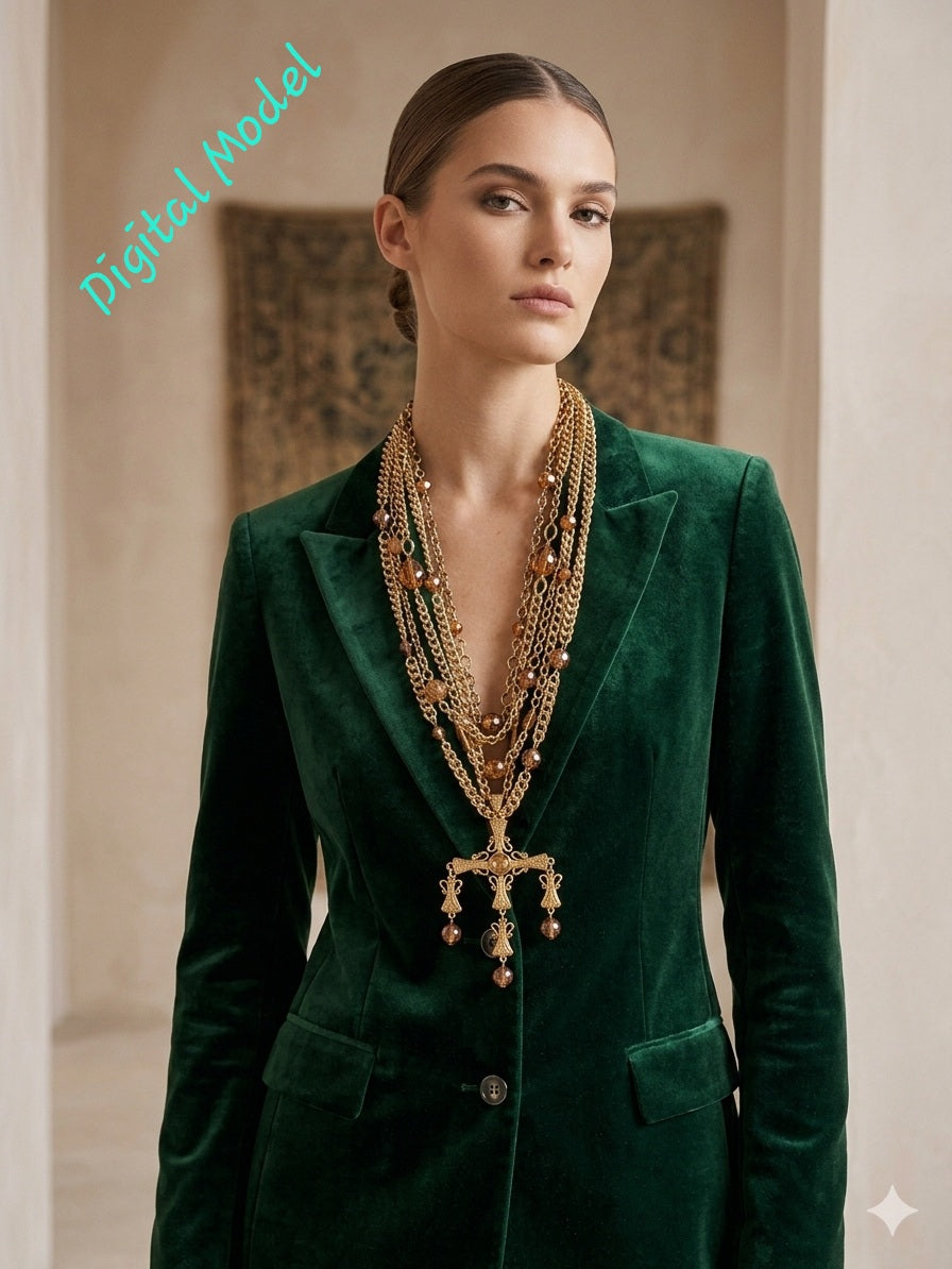 A digital model wearing a dark green velvet blazer and layered gold necklaces with a large pendant, posed indoors against a neutral beige background. A turquoise 'Digital Model' watermark is visible in the top left.