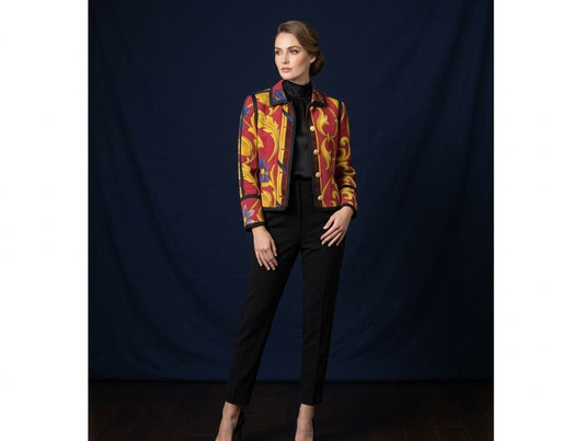 A model stands against a dark fabric backdrop wearing a short waisted Gianni Versace  Baroque long-sleeve jacket with a vibrant abstract pattern in red, yellow, and blue over a black outfit.