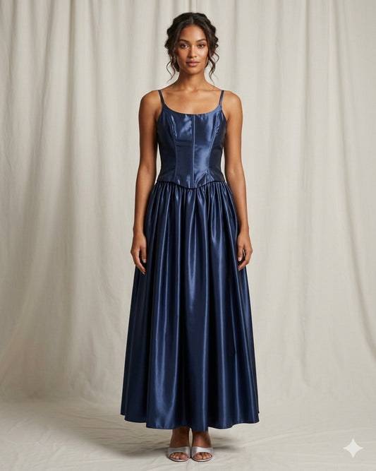 A vintage 1990s Jessica McClintock sapphire blue maxi dress with a structured bodice and a voluminous skirt, displayed on a virtual model.