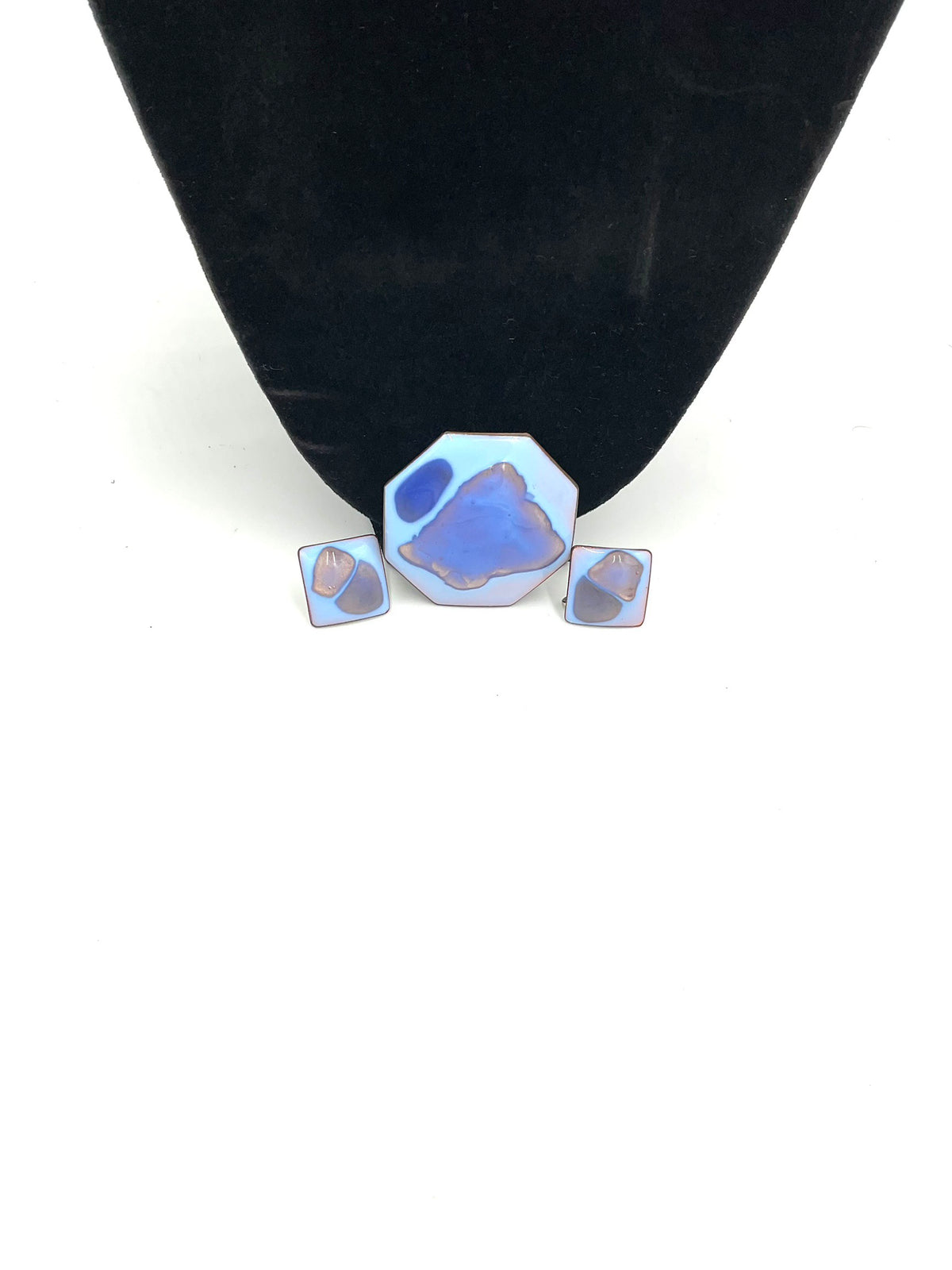 Brooch and Earrings in  color palette is exceptional: a striking opalescent blue enamel with beautiful hints of lavender and purple tones metal,