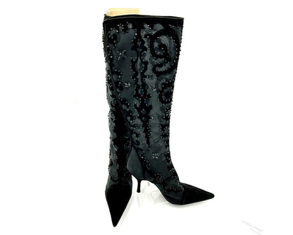 Y2K Sergio Rossi Crystal Embellished Black Suede & Crystal Mesh Knee High Boots