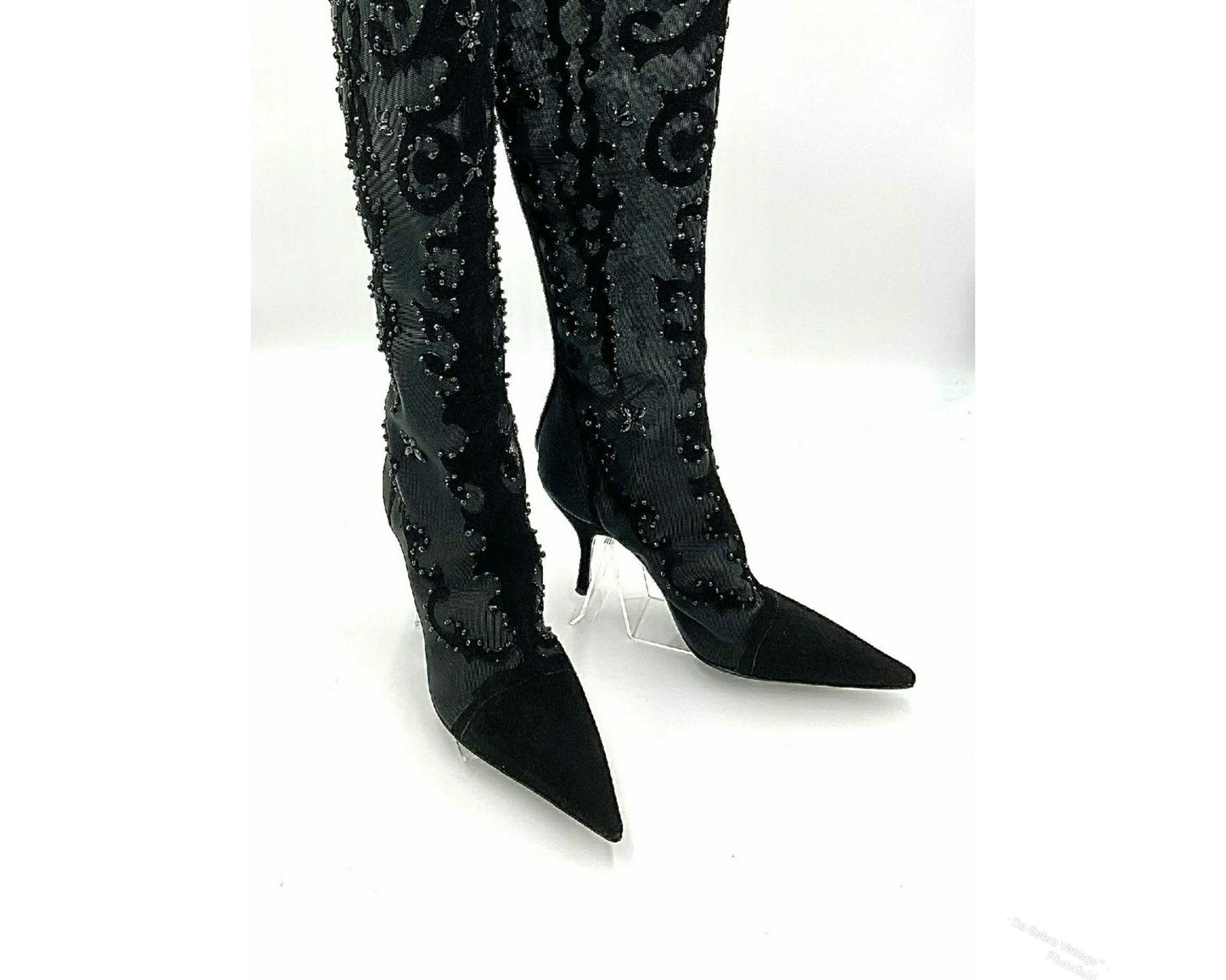 Y2K Sergio Rossi Crystal Embellished Black Suede & Crystal Mesh Knee High Boots