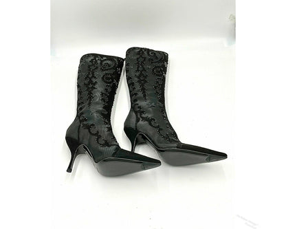 Y2K Sergio Rossi Crystal Embellished Black Suede & Crystal Mesh Knee High Boots
