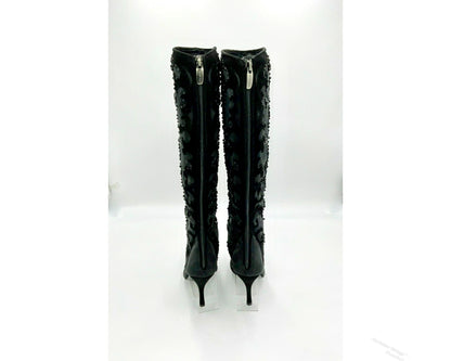 Y2K Sergio Rossi Crystal Embellished Black Suede & Crystal Mesh Knee High Boots