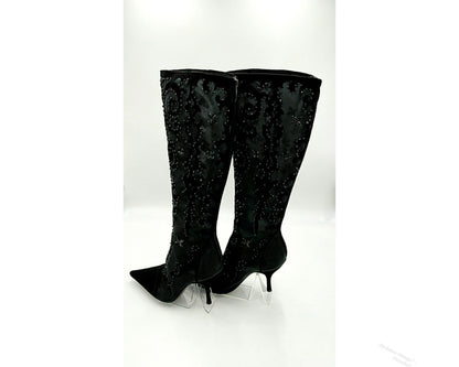 Y2K Sergio Rossi Crystal Embellished Black Suede & Crystal Mesh Knee High Boots