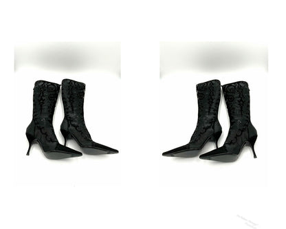 Y2K Sergio Rossi Crystal Embellished Black Suede & Crystal Mesh Knee High Boots