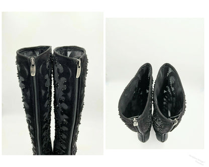 Y2K Sergio Rossi Crystal Embellished Black Suede & Crystal Mesh Knee High Boots