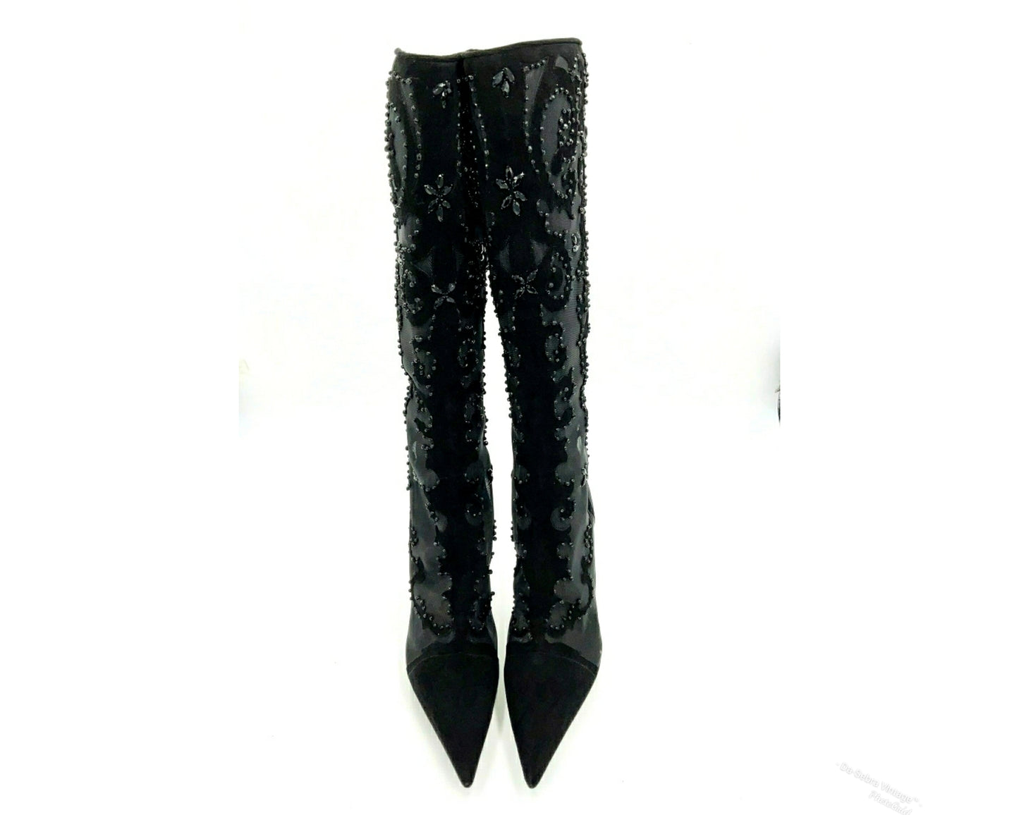 Y2K Sergio Rossi Crystal Embellished Black Suede & Crystal Mesh Knee High Boots