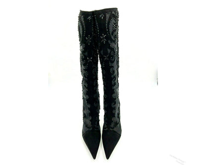 Y2K Sergio Rossi Crystal Embellished Black Suede & Crystal Mesh Knee High Boots