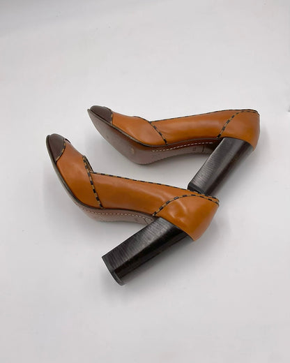 Vintage Louis Vuitton Leather Pumps / Camel & Brown Checkered Block Heels / Mid-2000s Designer Shoes with Original Box