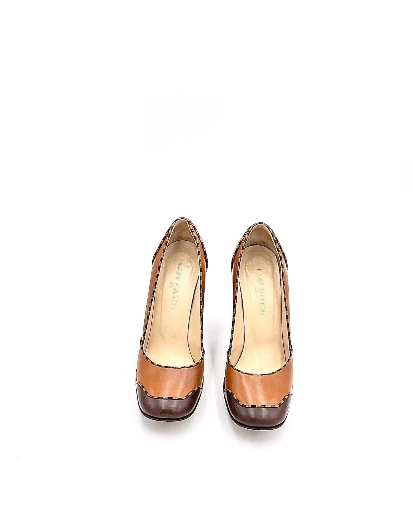 Vintage Louis Vuitton Leather Pumps / Camel & Brown Checkered Block Heels / Mid-2000s Designer Shoes with Original Box
