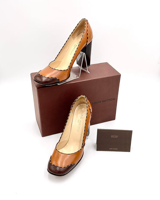 Vintage Louis Vuitton Leather Pumps / Caramel & Brown Checkered Block Heels / Mid-2000s Designer Shoes with Original Box