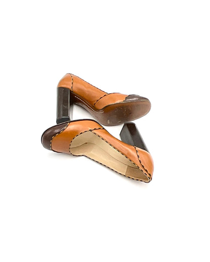 Vintage Louis Vuitton Leather Pumps / Camel & Brown Checkered Block Heels / Mid-2000s Designer Shoes with Original Box