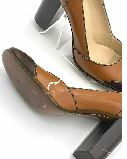Vintage Louis Vuitton Leather Pumps / Camel & Brown Checkered Block Heels / Mid-2000s Designer Shoes with Original Box