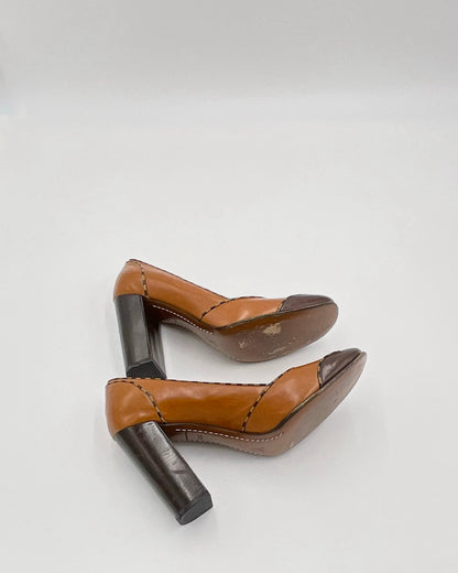 Vintage Louis Vuitton Leather Pumps / Camel & Brown Checkered Block Heels / Mid-2000s Designer Shoes with Original Box