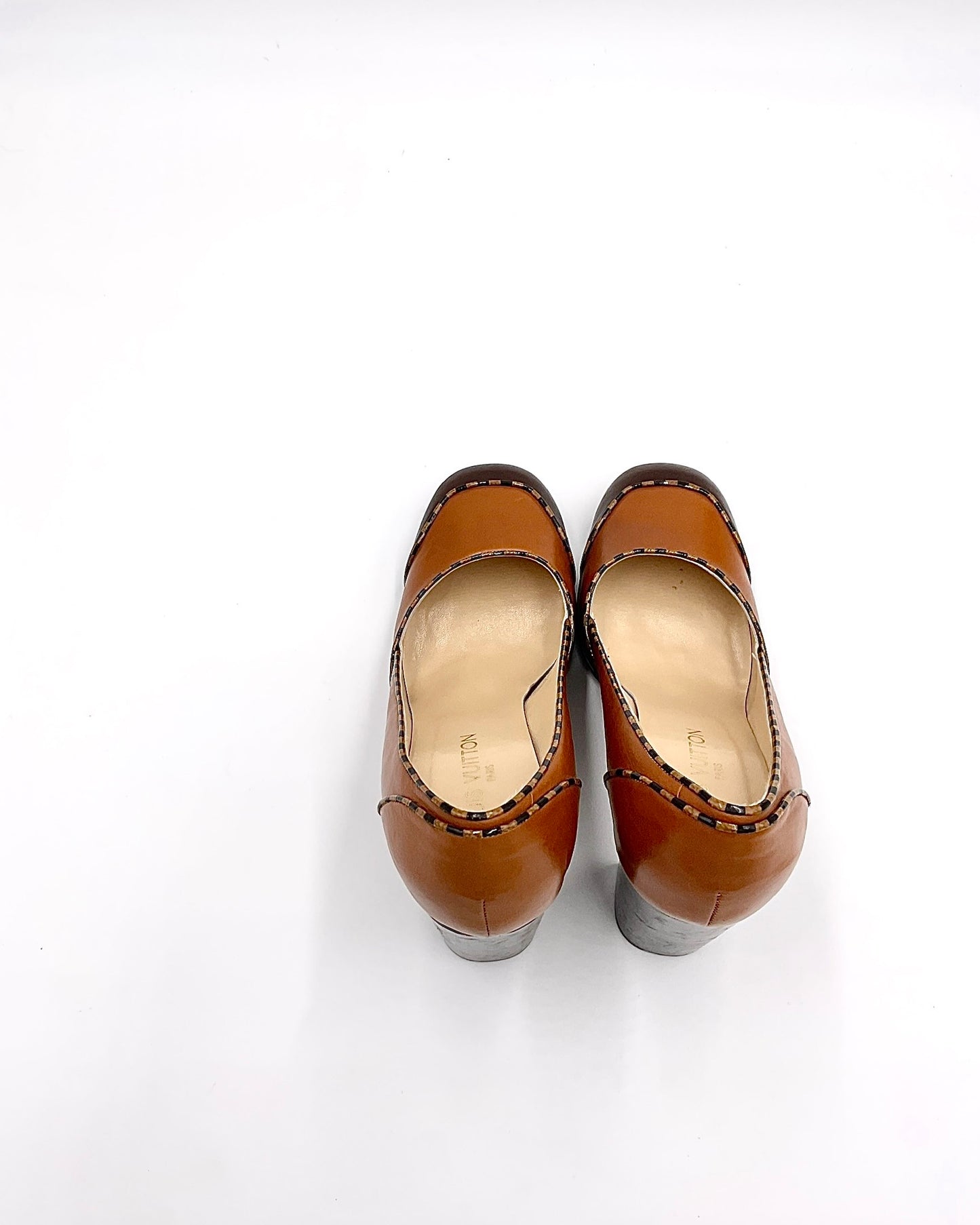 Vintage Louis Vuitton Leather Pumps / Camel & Brown Checkered Block Heels / Mid-2000s Designer Shoes with Original Box