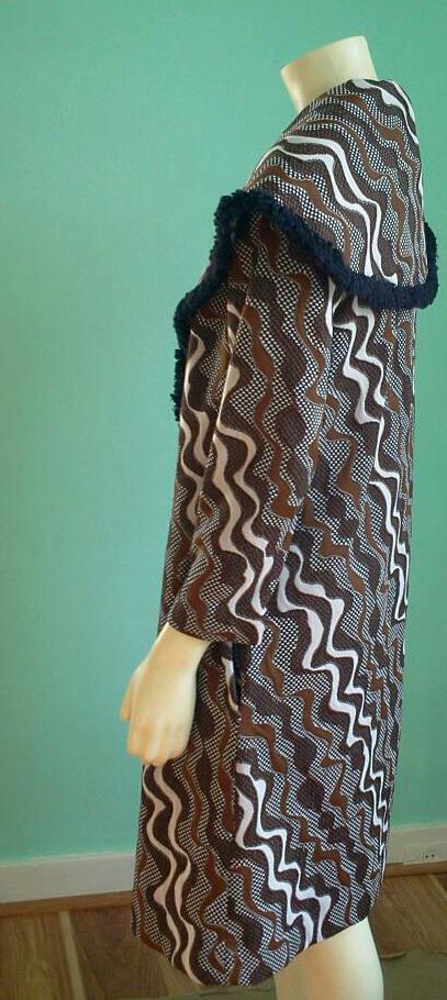 Vintage 1960s Alfred Werber Geometric Print Pattern Wrap Coat with Cape Collar