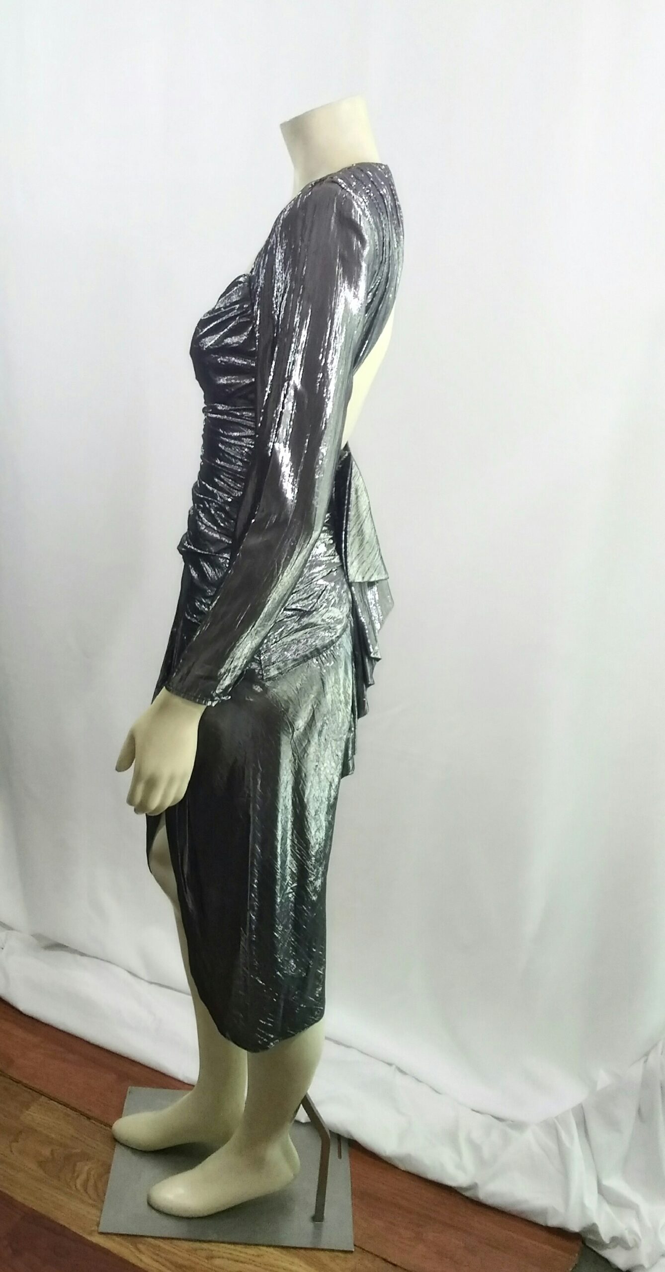 Vintage 1980's B.B. Collection Silver/Gun Metal Metallic Raunch Cocktail Dress with Sweetheart Neckline