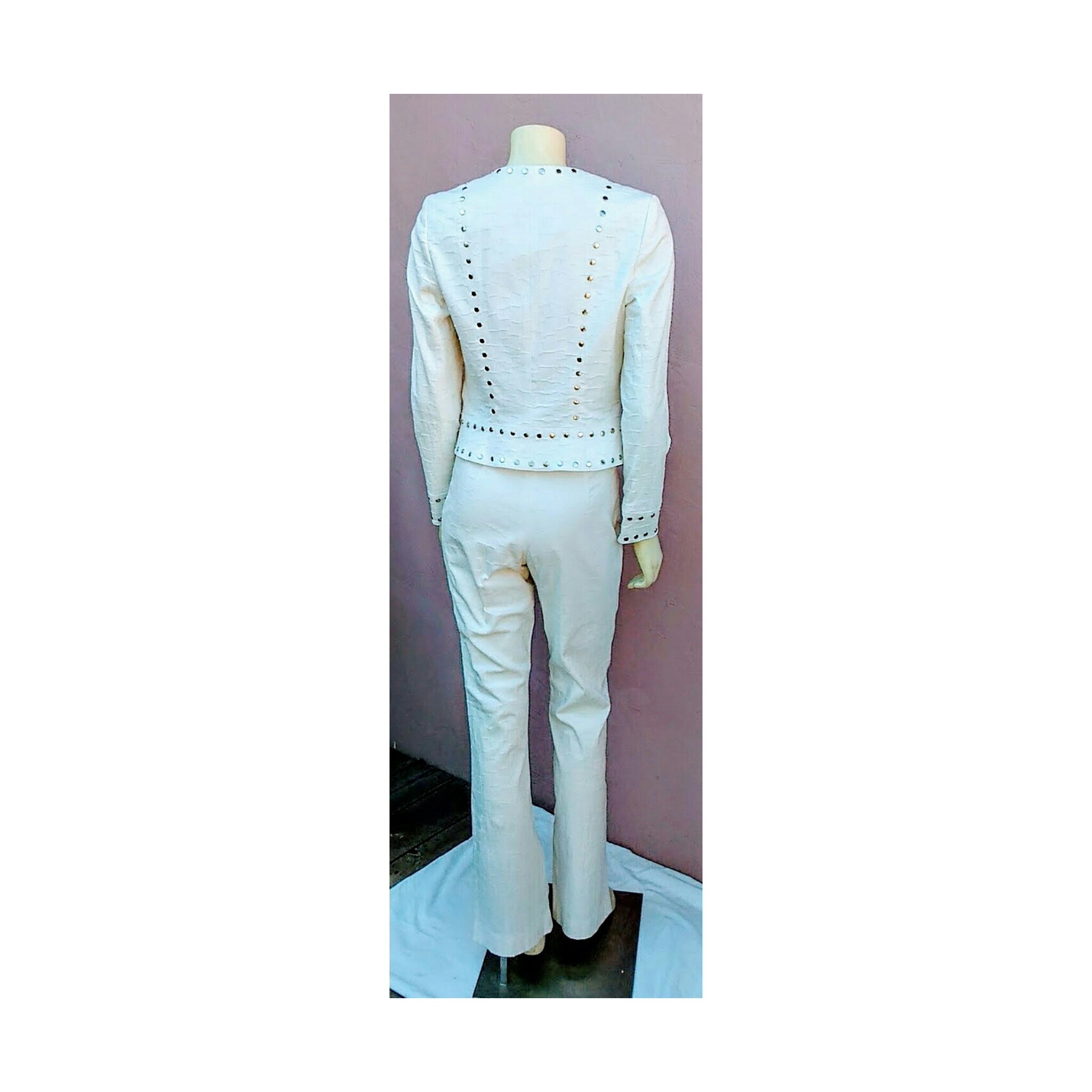 Vintage Late 1990s Early 2000; Designer Alberto Makali; 2 Piece White Studded Pant Suit / New York-Paris-Milano