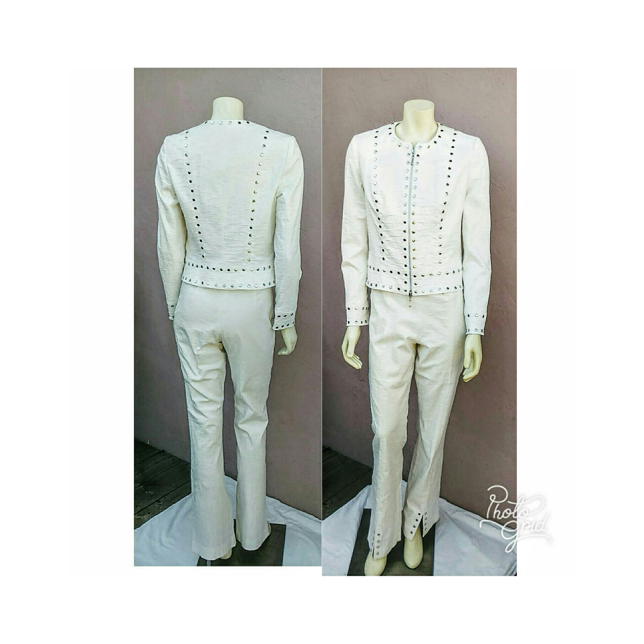 Vintage Late 1990s Early 2000; Designer Alberto Makali; 2 Piece White Studded Pant Suit / New York-Paris-Milano