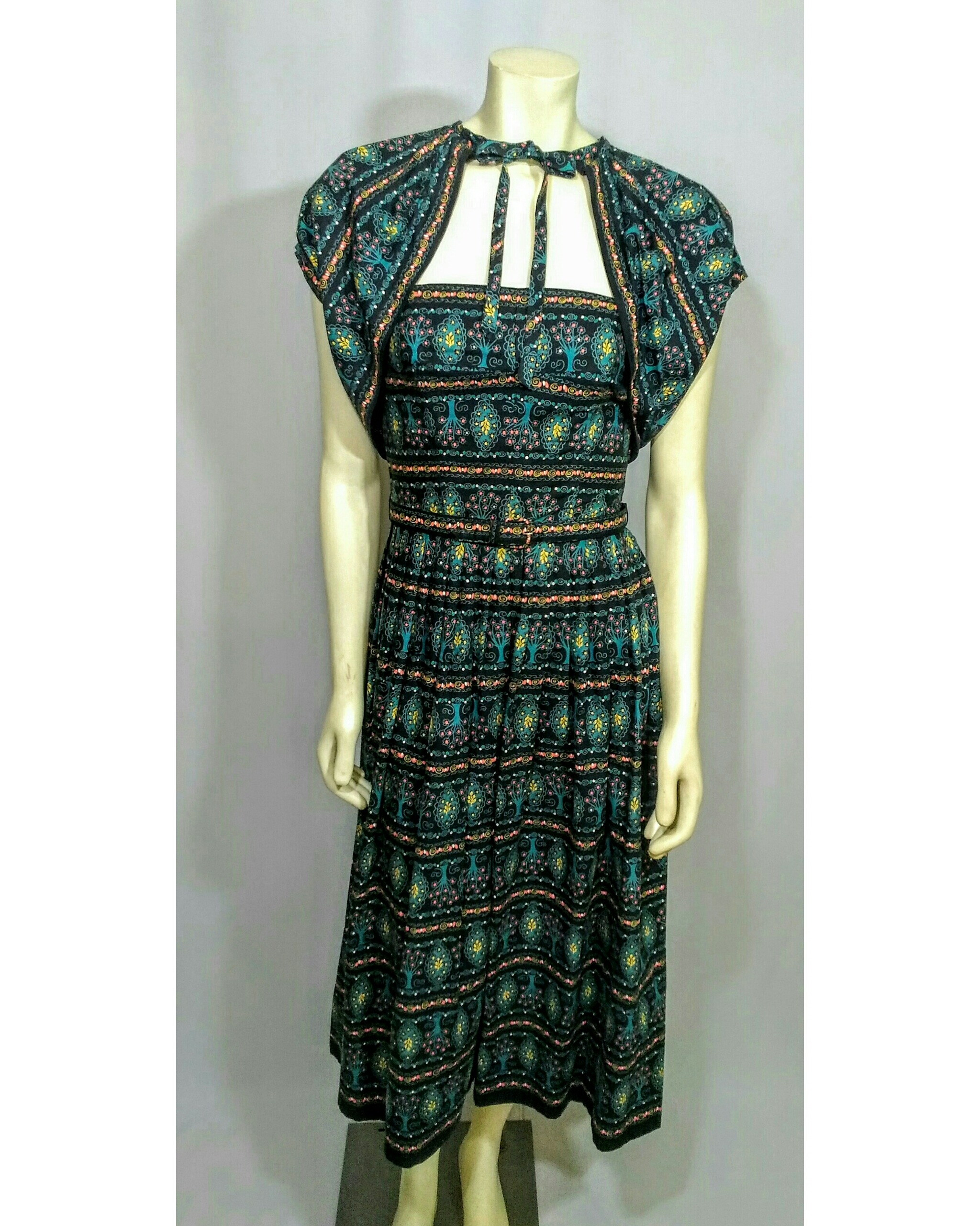 Vintage 1950’s Strapless Dress with Matching Shrug and Belt (Tree Patterned Design)