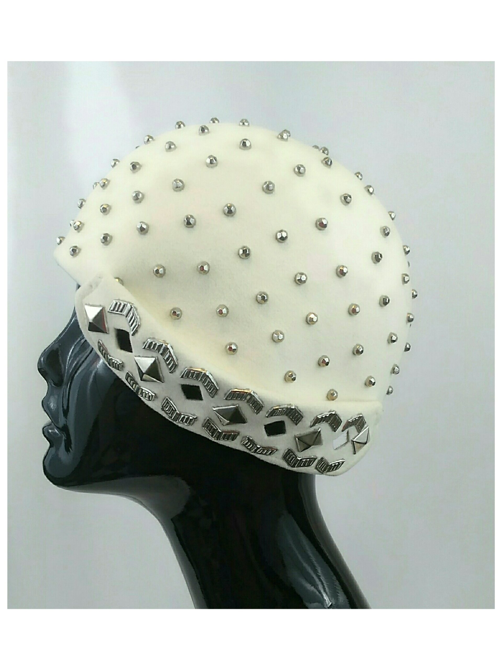 Rare 1950’s Yves Saint Laurent Studded White Felted Fur Cap with Geometric Details
