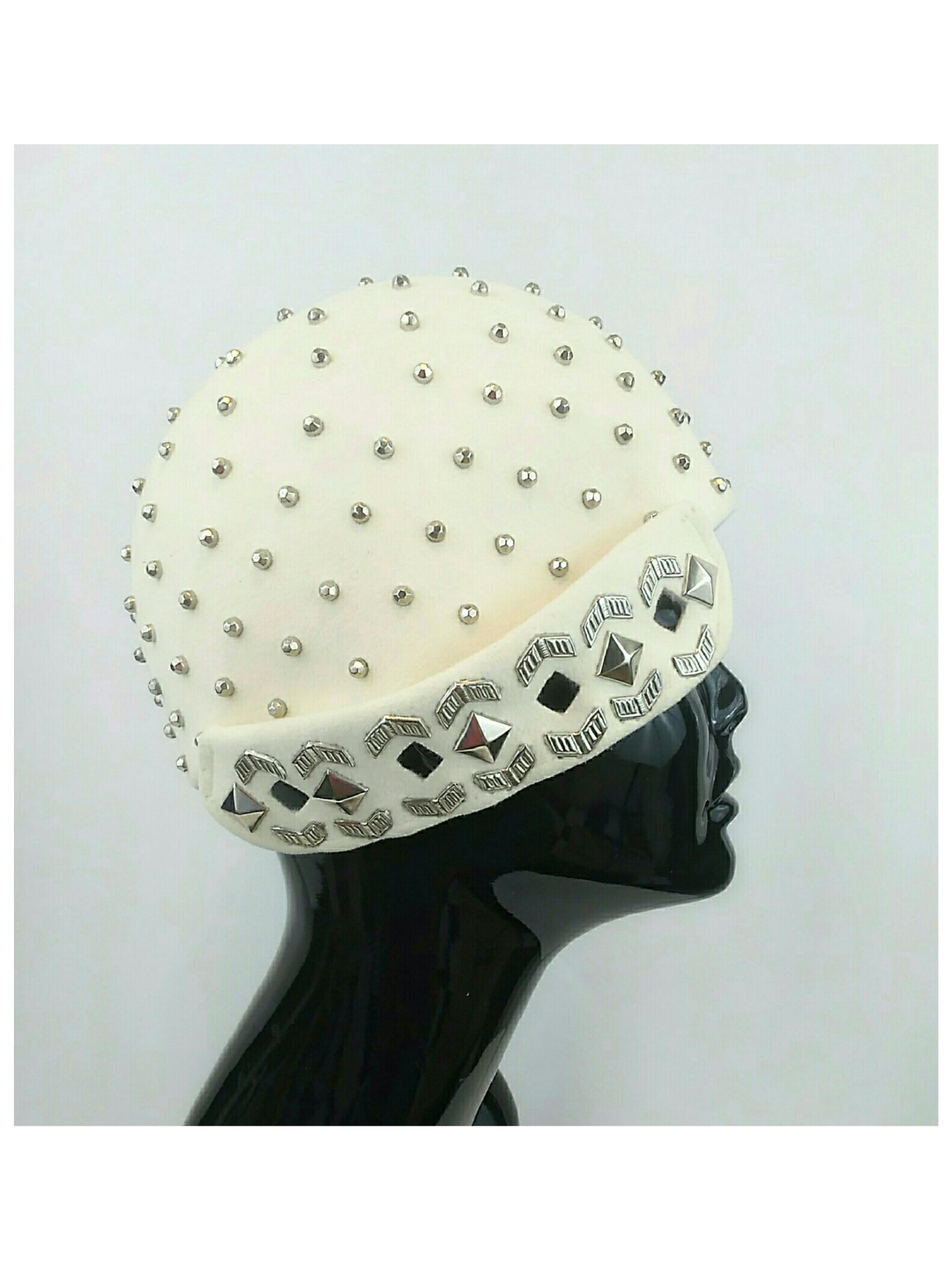 Rare 1950’s Yves Saint Laurent Studded White Felted Fur Cap with Geometric Details
