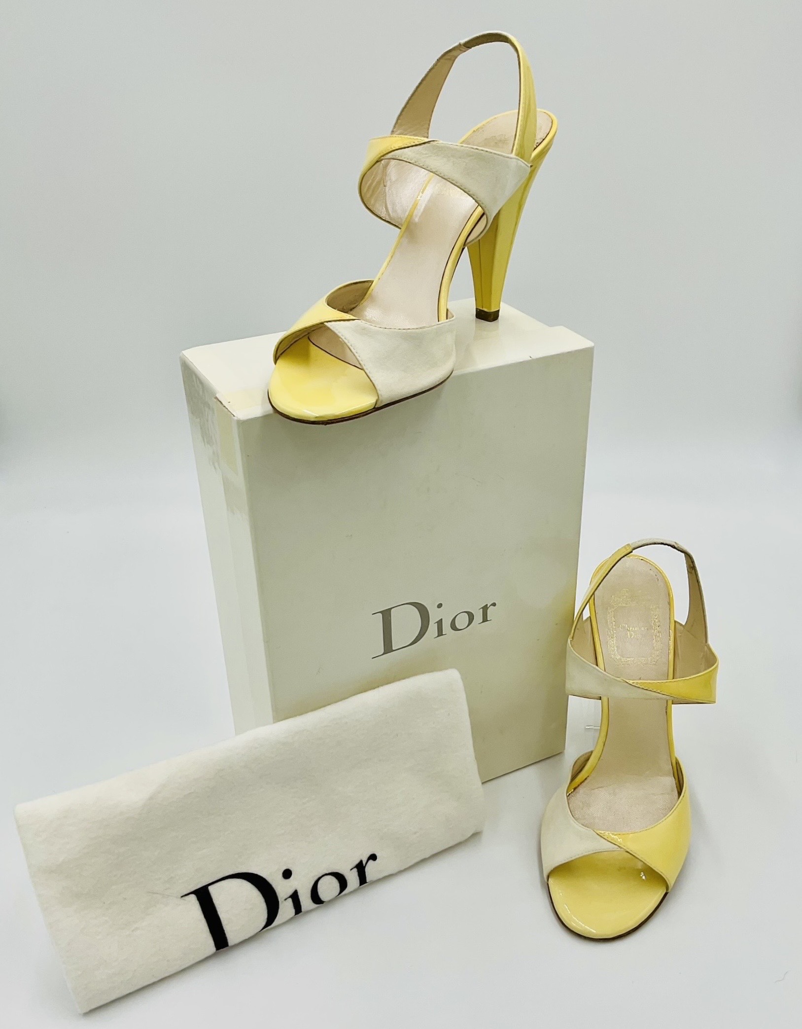 Authenticated Christian Dior Zampa Patent Leather Suede  Yellow Heels