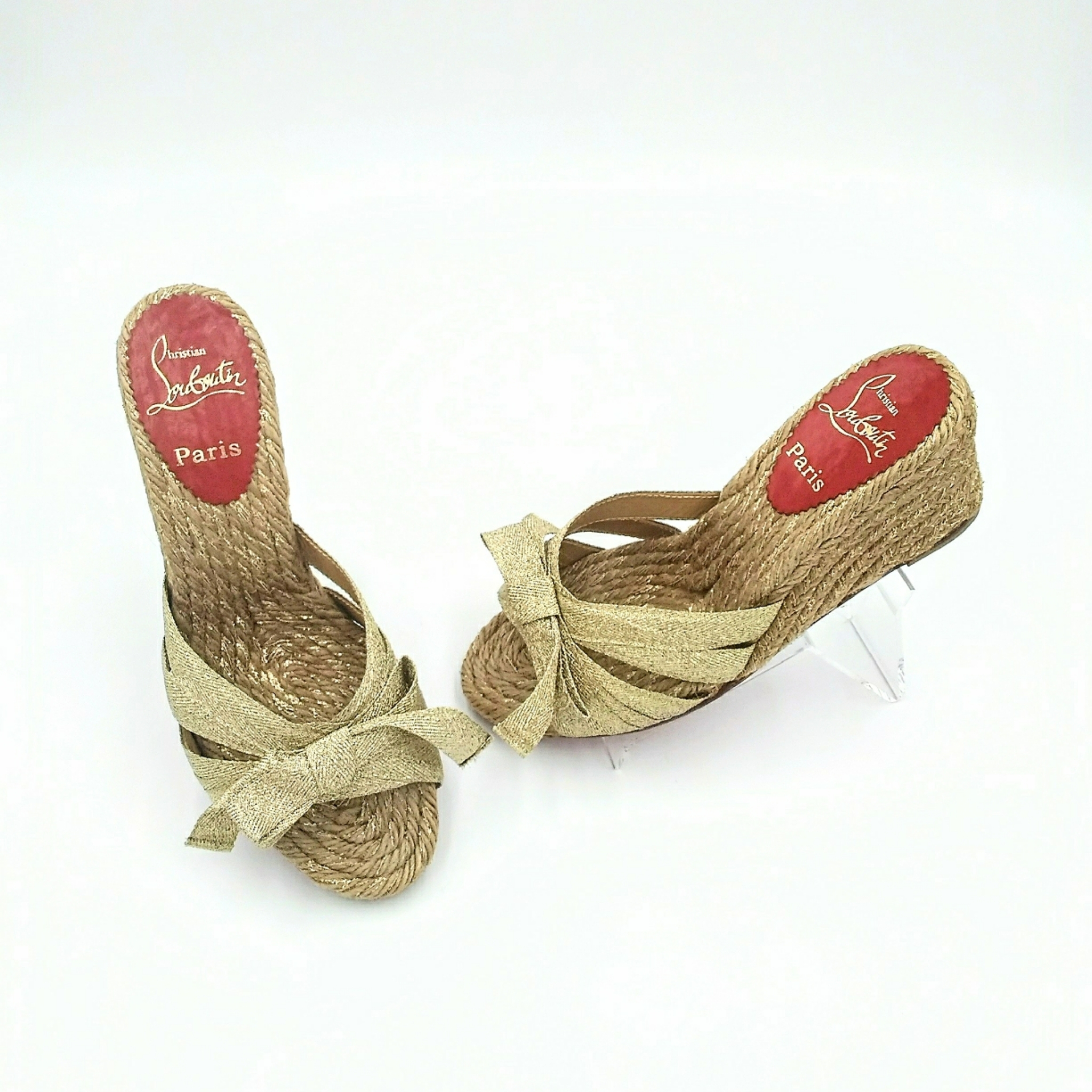 Authenticated Christian Louboutin Gold Metallic Wedge Mules