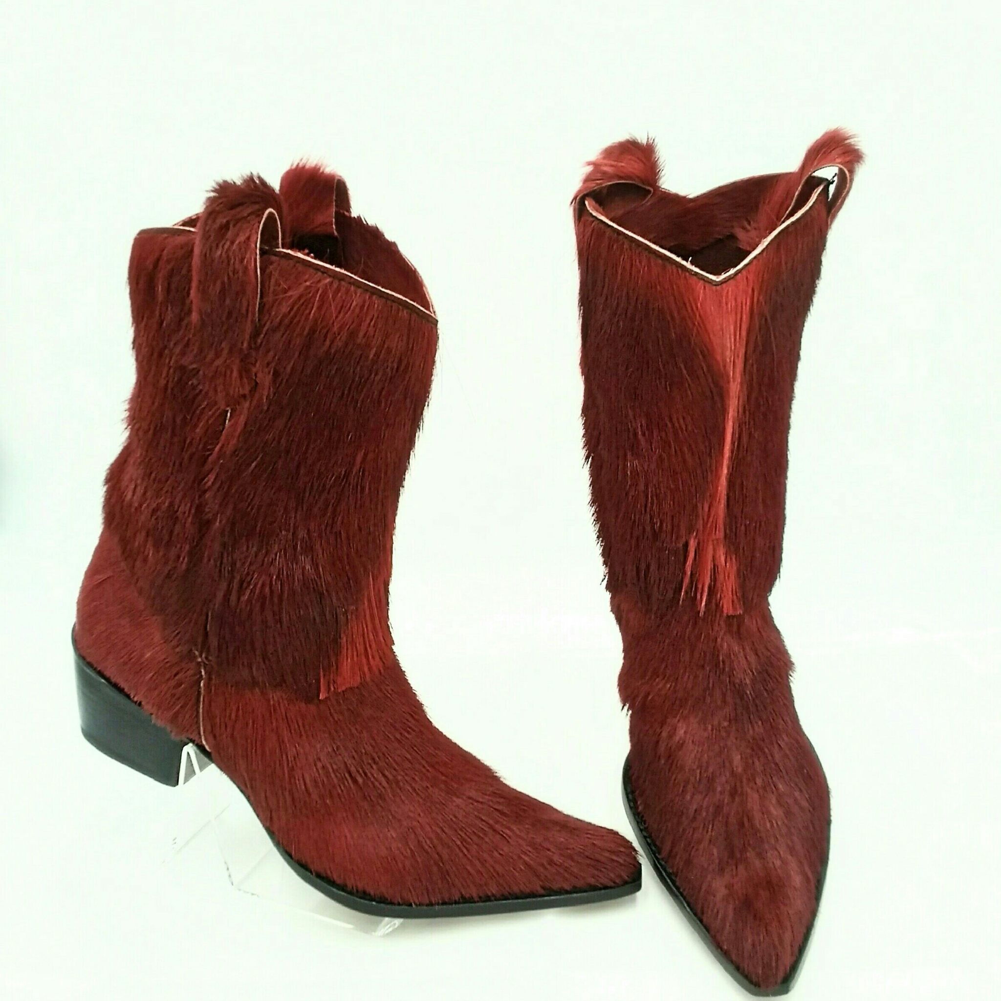 OVEST Italian Handcrafted Red Fur/Hair Cowboy Boots Size 40