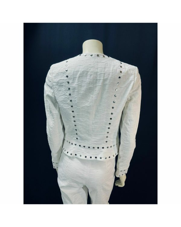 Vintage "Rare" 1990s Designer Alberto Makali; Stunning White Silver-Tone Stud Pant Suit